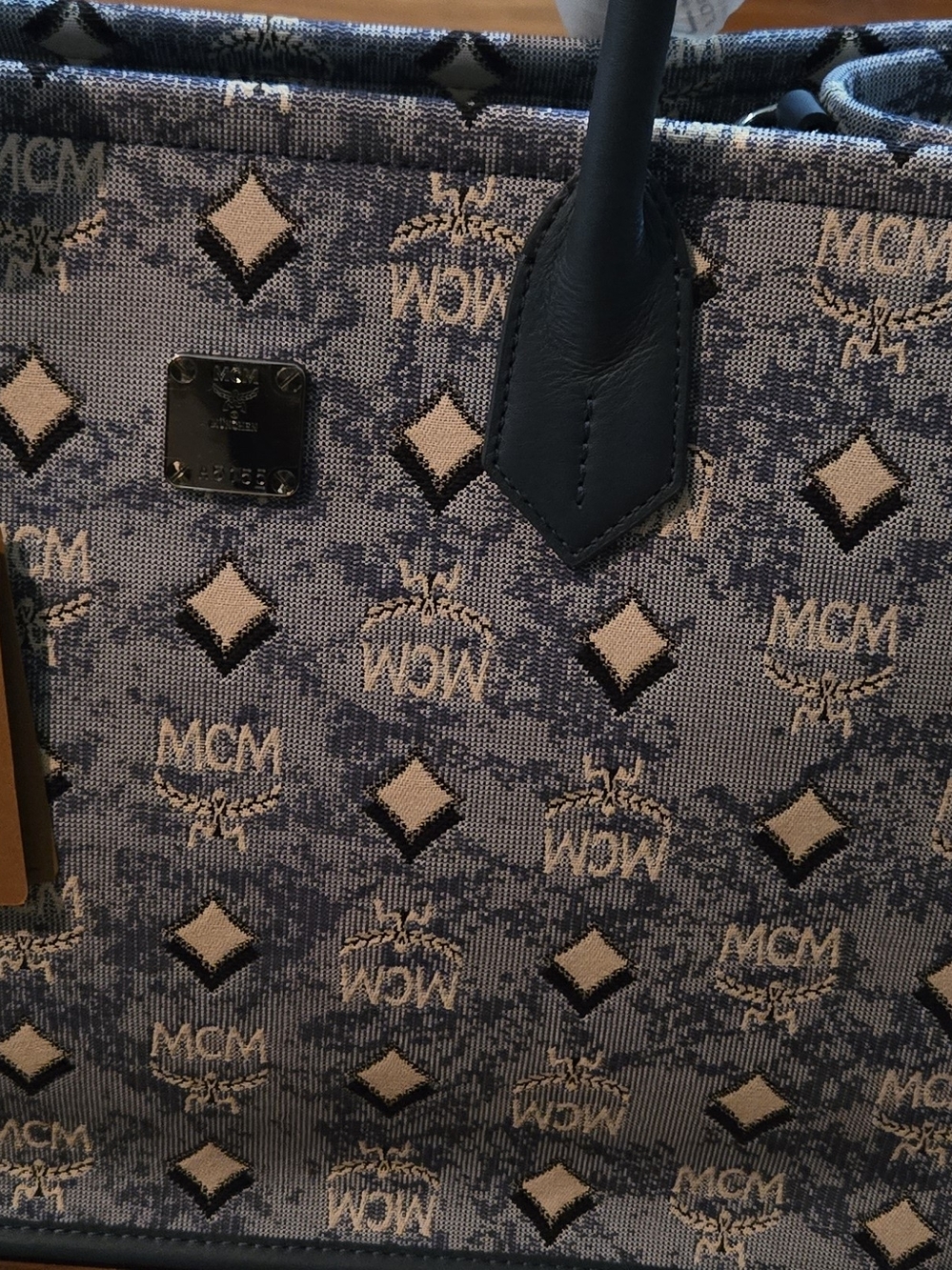 MCM Navy and Beige Logo Tote Bag